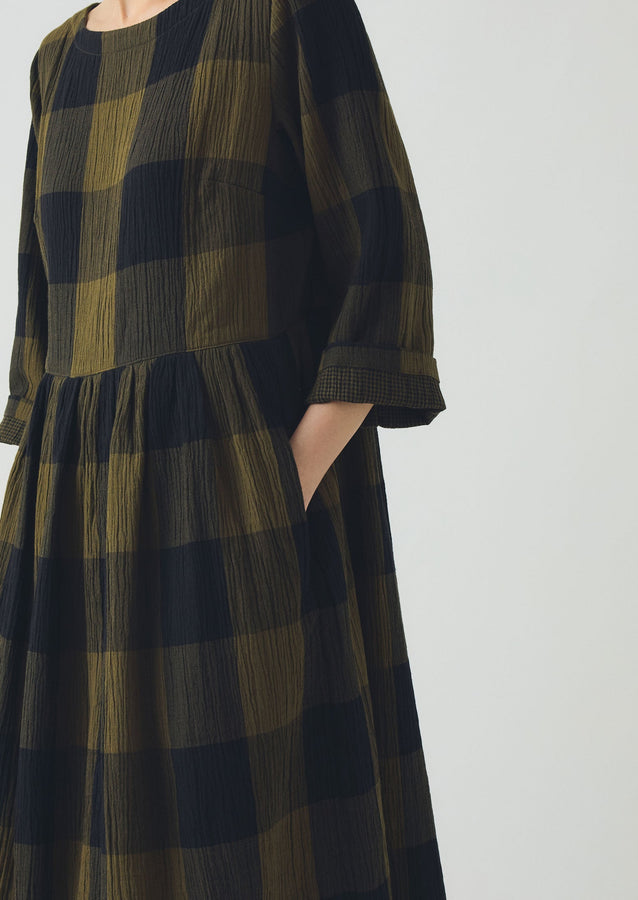 Freya Crinkle Cotton Macro Gingham Dress | Olive/Black